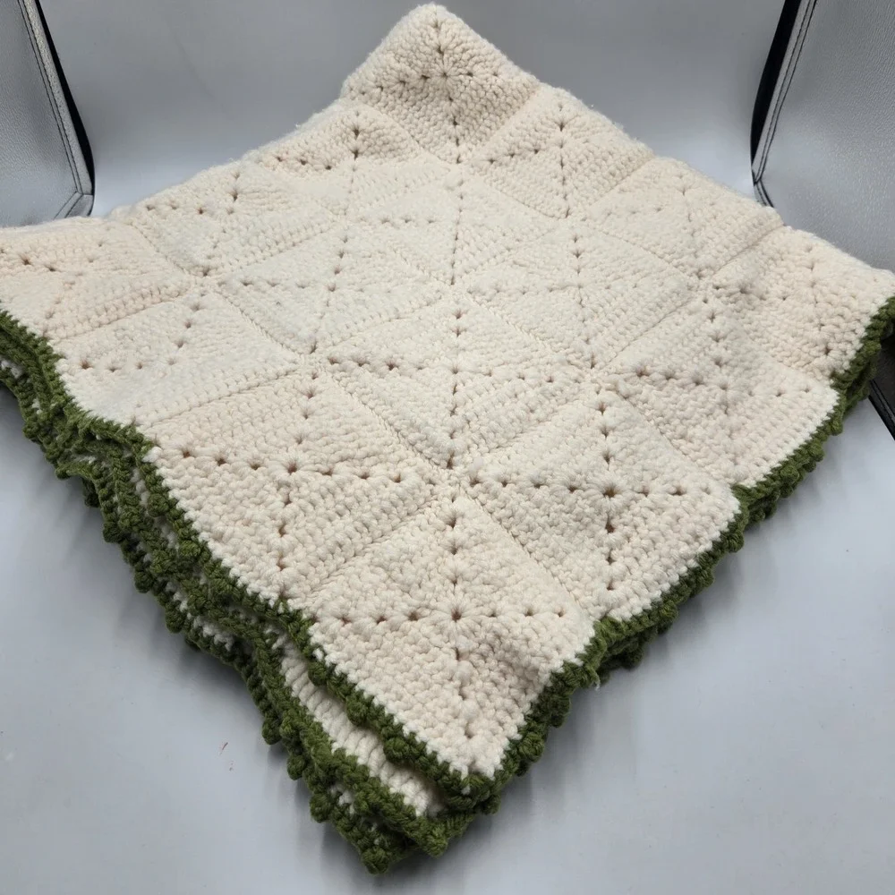Vintage Cottagecore Granny Crochet Blanket Throw 69x36 Cream W Green Handmade